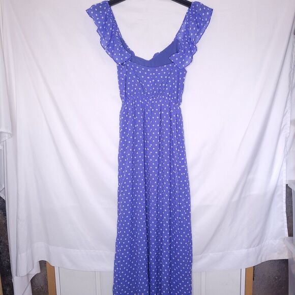 Lovers + Friends Maxi Dress Small Polka Dot Blue, White Ruffle NWOT - Picture 2 of 7